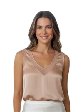 Banana Republic Minimalist Peach Rose Gold Silk V-neck Sleeveless Blouse small